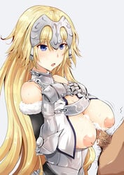 1boy areolae armor armored_dress bangs bare_shoulders blonde_hair blush braid breast_squeeze breast_suppress breasts chains cum cum_on_body cum_on_breasts cum_on_upper_body ejaculation eyebrows_visible_through_hair fate/apocrypha fate/grand_order fate_(series) faulds female fur_trim gauntlets hanchou_(shirokun555) hands_on_own_chest headpiece jeanne_d'arc_(fate) jeanne_d'arc_(fate)_(all) large_areolae large_breasts long_braid long_hair male_pubic_hair nipples open_mouth paizuri perpendicular_paizuri pubic_hair puffy_nipples single_braid solo_focus straight sweat very_long_hair