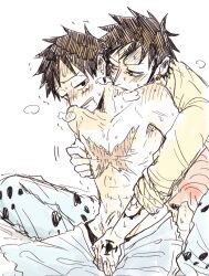 black_hair blush gay male male_only monkey_d_luffy one_piece sweating touching trafalgar_law yaoi