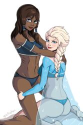 2girls artist_name ass avatar_legends bra clothing crossover dark-skinned_female dark_skin disney elsa_(frozen) female female_only frozen_(film) human interracial korra medium_breasts multiple_females nickelodeon panties smooth_skin the_avatar the_legend_of_korra thong water_tribe yachichan yuri