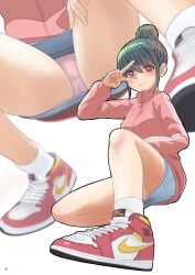 artist_request bare_legs denim_skirt girly girly_girl green_hair hair_bun jean_skirt jersey looking_at_viewer pantyshot pink_panties red_eyes smile sneakers socks tomboy track_jacket upskirt v-sign