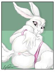 anthro anus ass coypowers female fur lagomorph long_ears looking_at_viewer lying mammal nude panties pink_eyes presenting presenting_anus presenting_hindquarters presenting_pussy pussy rabbit smile solo underwear white_fur