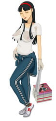 amagi_yukiko atlus black_hair blush breasts casual erect_nipples female footwear long_hair megami_tensei naughty_face nipples pale_skin persona persona_4 see-through sega shadow_self_(persona) shadow_yukiko sheer sportswear sweat tonny_club yellow_eyes