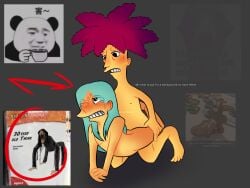 blush brown_eyes duo gay gay_anal gay_sex gripping_thighs hair_down homosexual livyestolive livystudioz_(artist) male_only melvin_van_horne not_ai_generated red_hair robert_terwilliger sideshow_bob sideshow_mel tagme teal_hair text the_simpsons universal_studios yellow_body