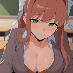 ai_generated cleavage coral_brown_hair doki_doki_literature_club female_only green_eyes large_breasts light-skinned_female looking_at_viewer monika_(doki_doki_literature_club) solo_female