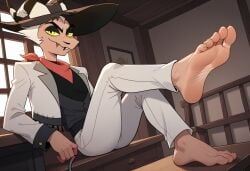 ai_generated barefoot civitai foot_fetish helluva_boss indoors looking_at_viewer male showing_feet sitting smile smiling smiling_at_viewer striker_(helluva_boss) vivziepop