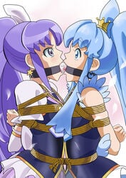 arms_behind_back blue_eyes blue_hair bondage clothing cure_fortune cure_princess dildo gag happinesscharge_precure! hikawa_iona kuro_tamaki magical_girl oral precure pretty_cure purple_eyes purple_hair restrained rope saliva shirayuki_hime tongue