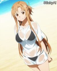 ai_generated asuna_(sao) beach brown_eyes brown_hair large_breasts long_hair shiny_skin stickyai sword_art_online yuuki_asuna