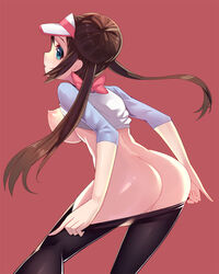 ass bad_id black_legwear blue_eyes blush breasts brown_hair double_bun female large_breasts long_hair nintendo pantyhose pantyhose_pull pokemon pokemon_bw2 raglan_sleeves ririko_(zhuoyandesailaer) rosa_(pokemon) simple_background smile solo tied_hair twintails visor_cap