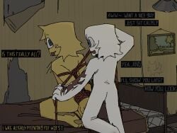 2boys 2d 2d_(artwork) abandoned_building bondage collar gay happy male_only nude on_bed original original_character roblox roblox_avatar rope scar self_upload text white_skin yawned_beef yellow_skin