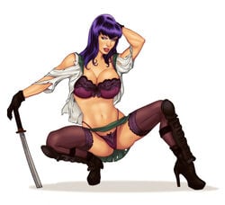 1girls bra cleavage female green_skirt high_heels highleg_panties highschool_of_the_dead large_breasts lingerie maskedpenciller miniskirt purple_hair purple_lingerie saeko_busujima skirt solo squatting stockings sword thong upskirt