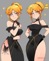 black_dress brawl_stars breasts gold_jewelry hair_ornament hair_pin jenna_jorg mariposa_piper_(brawl_stars) piper_(brawl_stars) questionable supercell thick_thighs