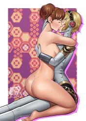 2girls aigis_(persona) android ass blonde_hair breasts brown_hair clothed_female_nude_female completely_nude headphones highres hug joints multiple_girls nude persona persona_3 persona_3_portable razillon robot_ears robot_girl robot_joints shiomi_kotone sideboob straddling upright_straddle yuri