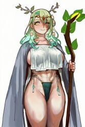 1girls abs antlers breast_curtains cape ceres_fauna circlet flower flower_in_hair green_hair hi_res hololive hololive_english large_breasts multicolored_eyes muscular muscular_female smile staff standing thong wheel_of_fortune_(director) white_background wide_hips wink