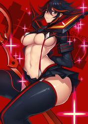 1girls arms_behind_back black_hair blue_eyes blush breasts cleavage evan_yang female garter_straps highres hips hourglass_figure kill_la_kill life_fiber looking_at_viewer matoi_ryuuko multicolored_hair navel revealing_clothes scissor_blade scissor_blade_(kill_la_kill) senketsu short_hair skirt solo suspenders thighhighs thighs two_tone_hair underboob wide_hips zettai_ryouiki