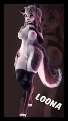 3d_(artwork) absurd_res anthro big_breasts black_border black_claws blender_(artwork) border breasts canid canid_demon canine character_name claws collar demon digital_media_(artwork) ear_piercing female fingerless_(marking) fingerless_gloves_(marking) fluffy fluffy_tail full-length_portrait fur genitals gloves_(marking) grey_body grey_fur grey_hair hair hand_on_own_chest hellhound helluva_boss hi_res long_hair looking_at_viewer loona_(helluva_boss) mammal markings mythological_canine mythological_creature mythology nipples nude nude_anthro nude_female piercing portrait pussy red_sclera solo spiked_collar spikes springycharna studded_collar studs tail text white_body white_fur wide_hips zoom_layer