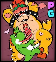 2boys anthro anthro_on_anthro anus arms_behind_head balls bed blush bowser claws closed_eyes collar dinosaur duo erection fingering fingering_anus furry furry_male furry_only gay gay_sex genitals green_skin green_yoshi heart horns king koopa large_penis larger_male licking_penis long_tongue lying_on_back lying_on_bed male male/male mario_(series) naughtybassard nintendo open_mouth penis protagonistsub_antagonistdom red_hair reptile royalty scalie sex sharp_teeth shoes size_difference smaller_male spiked_collar sweat sweating tail tongue tongue_out tongue_wrapped_around_penis torquewintress yoshi