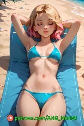 1girls ahq_hentai ai_generated beach bikini blonde_hair blush breasts cute gwen_stacy gwen_stacy_(spider-verse) medium_breasts patreon perfect_body sleeping spider-man_(series) spider-verse stable_diffusion wet