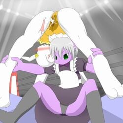 anthro blush clothed clothing female female_ejaculation fur furry hair lagomorph maid_uniform mammal panties pussy_juice rabbit ribbons tsubasa1110 underwear wrestling