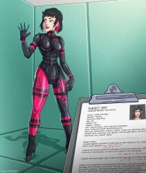 1girls english_text female female_only fully_clothed high_heels latex latex_clothing latex_gloves padded_cell padded_room padded_walls shiny_clothes sleepystephbot text tight_clothing