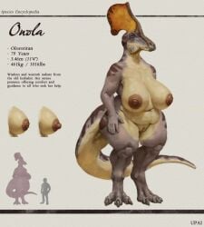 anthro areola belly big_breasts breasts claws digital_media_(artwork) dinosaur female full-length_portrait hadrosaurid hi_res navel nipples nude olorotitan onola_(upai) ornithischian ornithopod overweight portrait prehistoric_species reptile scalie solo species_encyclopedia_(upai) stated_age tail upai