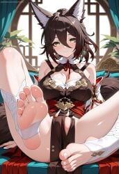 1girls ai_generated feet foot_fetish hi_res honkai:_star_rail large_breasts mihoyo myrioku soles solo tingyun_(honkai:_star_rail) toeless_legwear toes