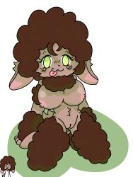 2025 3:4 anthro ass blush bovid breasts brown_body brown_fur brown_hair caprine countershading digital_media_(artwork) fur genitals green_eyes hair hi_res kneeling mammal nipples nude_anthro pussy sheep simple_background tongue tongue_out white_background xammyxx