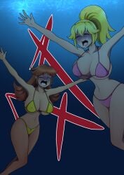 2girls asphyxiation bikini blonde_hair breasts brown_hair cleavage closed_eyes cyanosis drowning female huge_breasts imminent_death inhaling jasoned95 long_hair mario_(series) navel nintendo nipple_bulge open_mouth peril pink_bikini pink_swimsuit ponytail princess_daisy princess_peach swimsuit underwater underwater_peril water yellow_bikini yellow_swimsuit