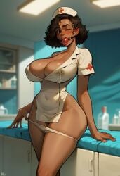 afro_hair ai_generated ball_gag curly_hair curvy_figure dark dark-skinned_female hospital lactation lactation_through_clothes lactation_without_stimulation large_breasts nurse nurse_cap nurse_uniform removing_panties skin wide_hips winking_at_viewer