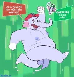 2boys anthro balls belly bronaai cum cumdrip dialogue duo ejaculation elephant elephant_luigi elephant_mario elephantid facial_hair fat fat_belly genitals gloves green_background green_hat happy hat looking_at_viewer luigi male male_nipples mammal mario mario_(series) moustache nintendo nipples nude nude_anthro nude_male obese obese_anthro obese_male open_mouth overweight overweight_male penis red_hat smile super_mario_bros._wonder tears trunk white_gloves