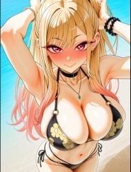 1girls ai_generated bikini blonde_hair blush chains female_only kitagawa_marin long_hair looking_at_viewer mature_female red_eyes smiling_at_viewer solo_female sono_bisque_doll_wa_koi_wo_suru tied_hair