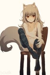 1girl 1girls breasts butterchalk closed_mouth female fox_ears fox_girl fox_tail happy highres innocent innocent_expression long_hair myuri_(spice_and_wolf) nipples no_sex nude nude_female red_eyes sitting sitting_on_chair small_breasts smile socks solo solo_female solo_focus spice_and_wolf virgin