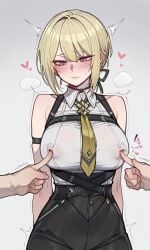 1girls ai_generated blonde_hair blush breasts erect_nipples erect_nipples_under_clothes evelyn_chevalier female heart heavy_breathing large_breasts nipple_play nipple_poke nipple_press poking purple_eyes zenless_zone_zero