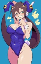 1girls aile big_breasts blue_background blue_clothing blush brown_hair bunny_ears bunny_girl bunny_tail bunnysuit buzzlyears female female_only fully_clothed green_eyes hand_behind_head hand_up hands_up long_hair mega_man mega_man_zx revealing_clothes smile