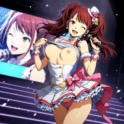 ai_generated flashing_breasts idol_clothes kujikawa_rise medium_breasts nipples on_stage persona_4 screen singing