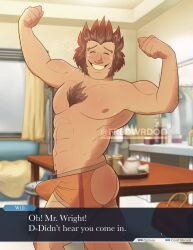 balls bara blush boner erection erection_under_clothes facial_hair flexing gyakuten_saiban male male_only muscles muscular penis solo solo_male sweat sweating text_box underwear will_powers xknookie