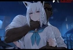 1boy ahoge ai_generated animal_ear_fluff animal_ears animal_tail aqua_eyes bangs blue_eyes blue_neckerchief blue_neckwear blush braid breasts breath closed_mouth clothing dark-skinned_male dark_skin duxvector female female fox_ears fox_girl fox_tail grabbing green_eyes hair_between_eyes hair_ornament half-closed_eyes heavy_breathing hololive indoors letterboxed long_hair long_sleeves looking_at_viewer male muscular_male neckerchief neckwear netorare night ntr sailor_collar school_uniform serafuku shirakami_fubuki shirakami_fubuki_channel shirt side_braid sidelocks single_braid smile solo_focus straight sunglasses sweat tail tied_hair uniform virtual_youtuber white_hair white_shirt window