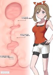 absurdres bandana blue_eyes blush bow bow_hairband breasts brown_hair cervix closed_mouth commentary_request cross_section female hairband hand_on_own_hip highres legs looking_at_viewer may_(pokemon) medium_breasts pipi20211026 pokemon pokemon_rse red_bandana red_bow red_hairband red_shirt red_tank_top shirt shorts sleeveless sleeveless_shirt smile solo standing tank_top thighs translation_request white_shorts