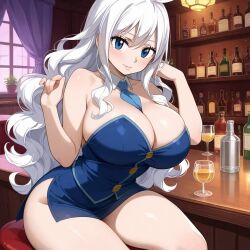 1girls ai_generated bar bartender clothed drinks large_breasts looking_at_viewer pub seated sensual white_hair white_skin