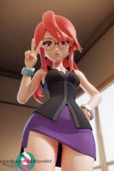 3d ai_generated black_shirt bracelet glasses lorelei_(pokemon) lorelei_(pokemon_frlg) pokemon purple_skirt red_hair stable_diffusion tagme view_from_below viewed_from_below wide_hips