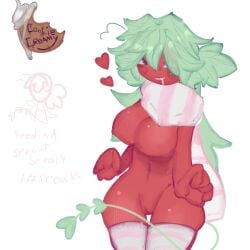 breasts_out cookiecreamy dandy's_world genderswap_(mtf) green_hair heart_symbol long_hair naked naked_female red_body scarf sprout_(dandy's_world) stockings tail watermark