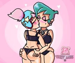 2girls ass big_ass black_panties breasts green green_hair janet_(brawl_stars) jelly_bread_ kissing lesbian_kiss lola_(brawl_stars) pink_hair yuri