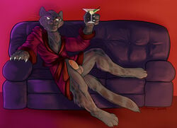 4_toes anthro balls black_panther claws digitigrade erection eyewear feline feren fur furry gin glasses jonas looking_at_viewer male male_only mammal nude panther penis reclining robe sofa