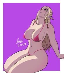 1girls bikini breasts dungeon_meshi elf elf_ears elf_female elf_girl female female_only green_eyes marcille_donato pink_panties solo thighs thong yellow_hair