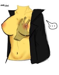 ... black_coat breast_grab breasts disembodied_hand female forsaken_(roblox) indifferent jane_doe_(roblox) lactation nipples yellow_skin