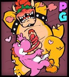 2boys anthro anthro_on_anthro anus arms_behind_head balls bed big_penis blush bowser claws closed_eyes collar dinosaur duo erection fingering fingering_anus furry furry_male furry_only gay gay_sex genitals heart horns king koopa large_penis larger_male licking_penis long_tongue lying_on_back lying_on_bed male male/male mario_(series) naughtybassard nintendo open_mouth penis pink_yoshi protagonistsub_antagonistdom red_hair reptile royalty scalie sex sharp_teeth shoes size_difference smaller_male spiked_collar sweat sweating tail tongue tongue_out tongue_wrapped_around_penis torquewintress yoshi