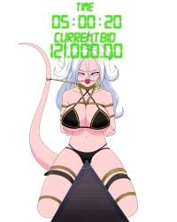 1girls alternate_version_available android_21 android_21_(good) arms_behind_back ball_gag bikini black_bikini bondage captured commentary_request countdown defeated dragon_ball dragon_ball_fighterz earrings imminent_rape knees_bent majin_android_21 nuart.3a2 numbers pink_skin price sex_slave shonen_jump shueisha slave tail white_background white_hair wooden_horse