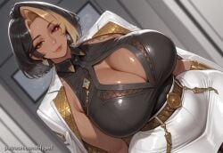 1girls ai_generated bare_shoulders big_breasts boob_window cleavage clothed clothing dark-skinned_female dark_skin domina dutch_angle female female_only huge_breasts hypet indian indian_female large_breasts looking_at_viewer overwatch overwatch_2 solo solo_female tagme two-tone_hair vaira_singhania wet wide_hips
