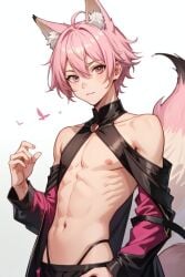 ai_generated cute fox fox_boy fox_ears fox_hybrid fox_tail male pink_fur pink_hair pink_hair_male twink yaoi