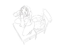 blush bottomless chair closed_eyes covering_mouth desk elk115 eyebrows female from_above monochrome on_desk original school_desk squatting squirting tears tied_hair twintails