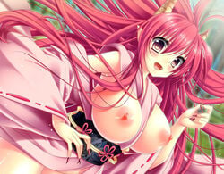 blush breasts breasts_out demon_horns fangs female horns japanese_clothes long_hair looking_at_viewer nail_polish nenekoneko nipples open_mouth original pink_hair pointy_ears purple_eyes shiny shiny_skin solo